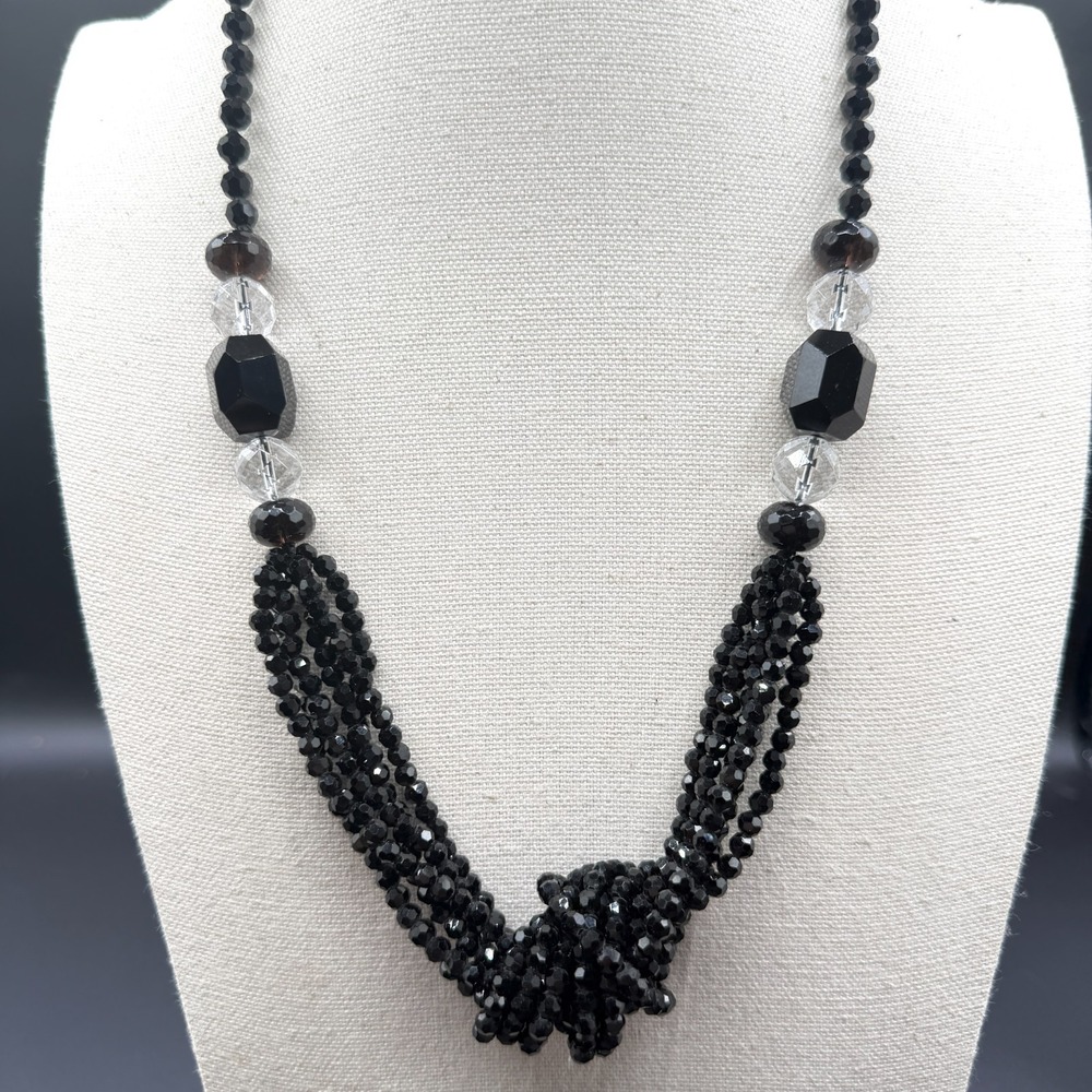 Black Faceted Bead Multi Strand Statement Necklace Knotted Gothic Cocktail Gift